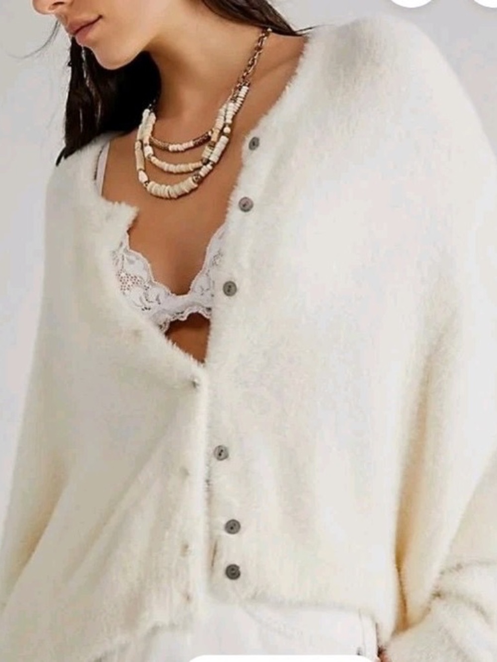 Free People FP One Wyatt Soft Fuzzy Button-Front Cardigan White Ivory